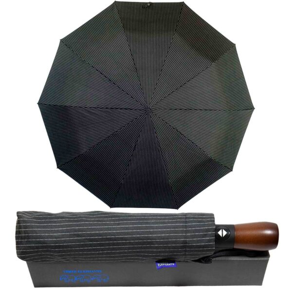 Зонт Три Слона с деревянной ручкой черного цвета в мелкую полоску